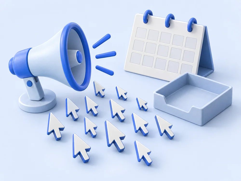 Megafone e cliques diante de uma agenda comercial vazia.