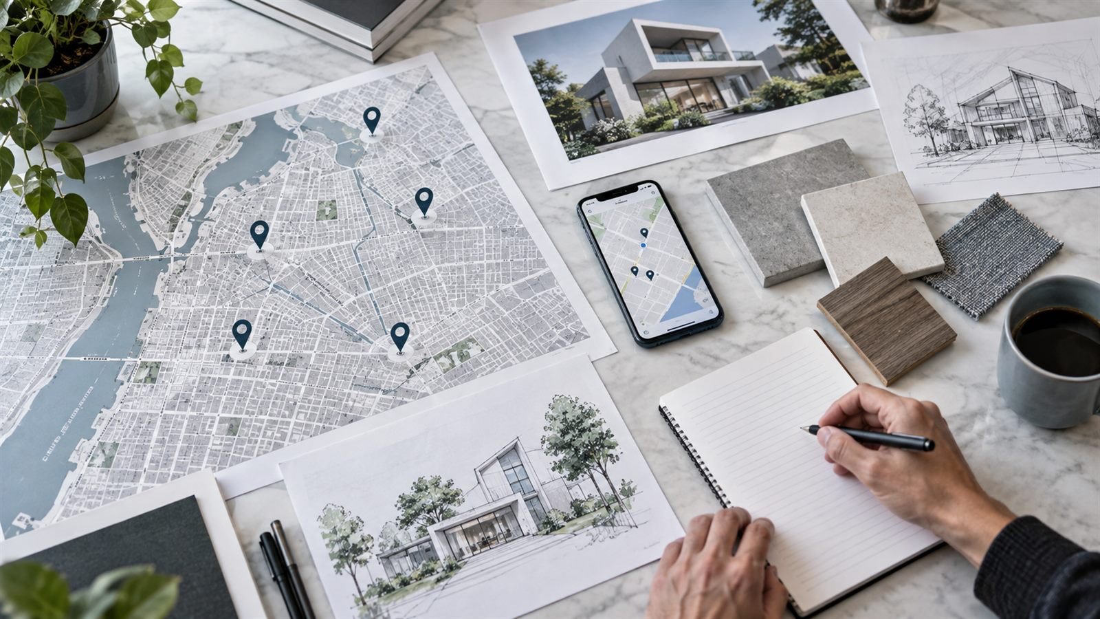 Mapa, projetos residenciais e materiais de arquitetura representando busca local por clientes