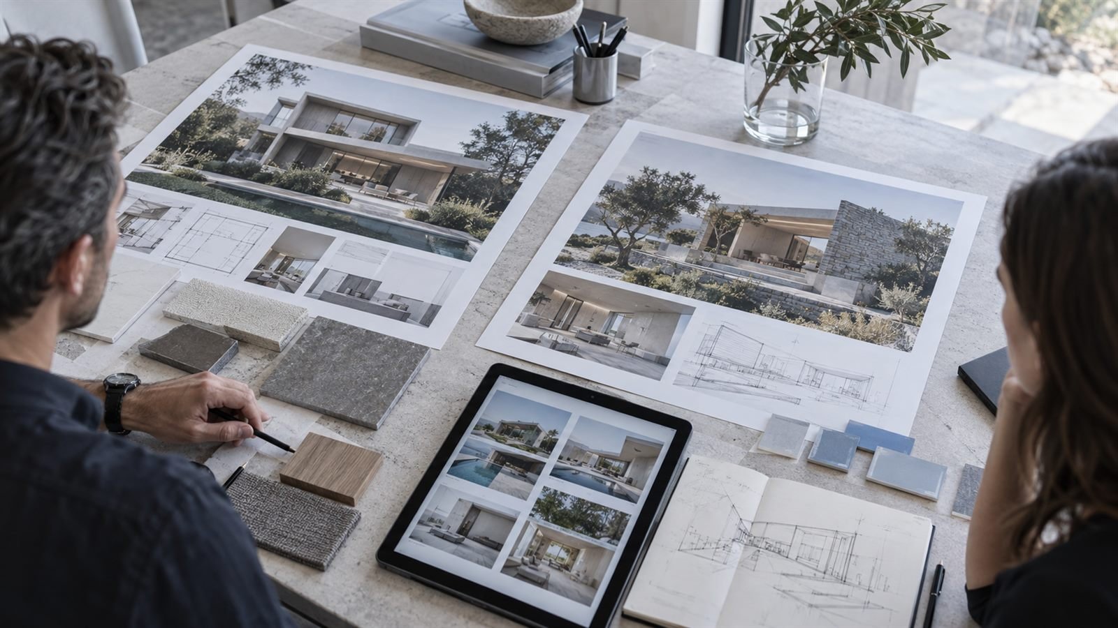 Projetos residenciais, materiais e tablet com portfólio de arquitetura
